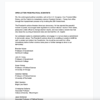 The screenshot captures the first page of Dartmouth Professors Brendan Nyhan and John M. Carey's petition, "Open Letter From Political Scientists." The statement reads, "We, the undersigned political scientists, call on the U.S. Congress, Vice President Mike Pence, and the Cabinet to immediately remove President Donald J. Trump from office through the impeachment process or by invoking the 25th Amendment. The President’s actions threaten American democracy. He has rejected the peaceful transfer of power, encouraged state legislators to overturn election results in their states, pressured a state official to change election results, and now incited a violent mob that shut down the counting of electoral votes and stormed the U.S. Capitol. Our profession seeks to understand politics, not engage in it, but we share a commitment to democratic values. The President’s actions show he is unwilling or unable to fulfill his oath to protect and defend the Constitution. He should be removed from office immediately before further violence takes place or further damage is done to our democracy."